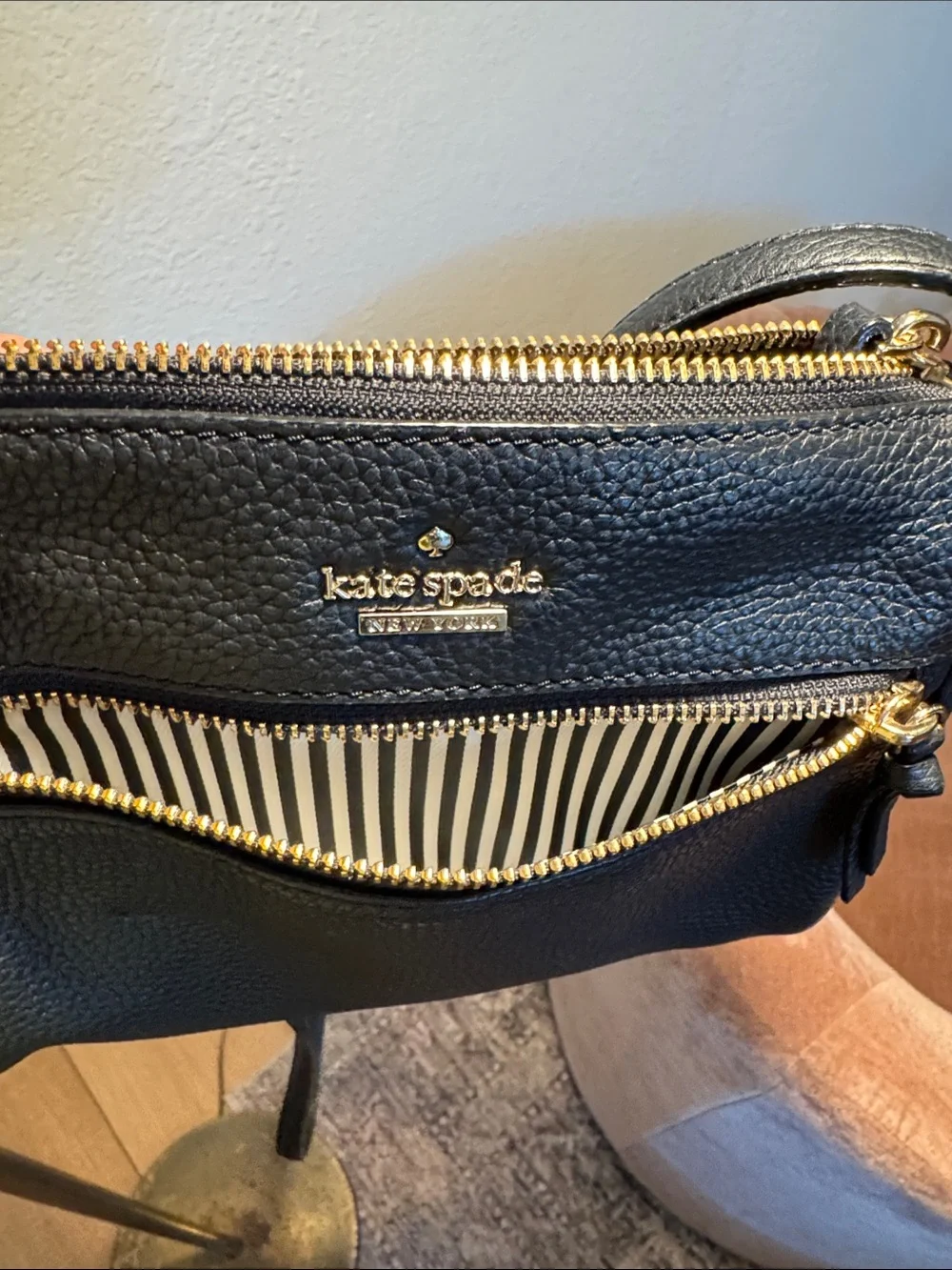 kate spade black pebbled leather crossbody with gold zippers
